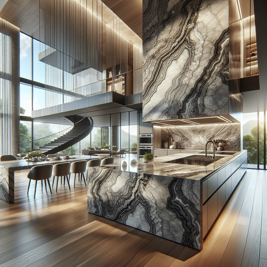 Stunning natural stone kitchen island with waterfall edge design