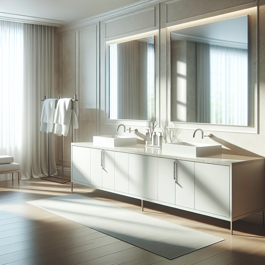 Professional bathroom vanity with elegant double sink configuration, premium quartz fabrication